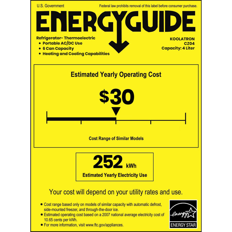 Energy Guide certificate for CZ04 4 liter mini fridge showing estimated yearly operating cost of $30 and estimated yearly energy consumption of 252 kWh