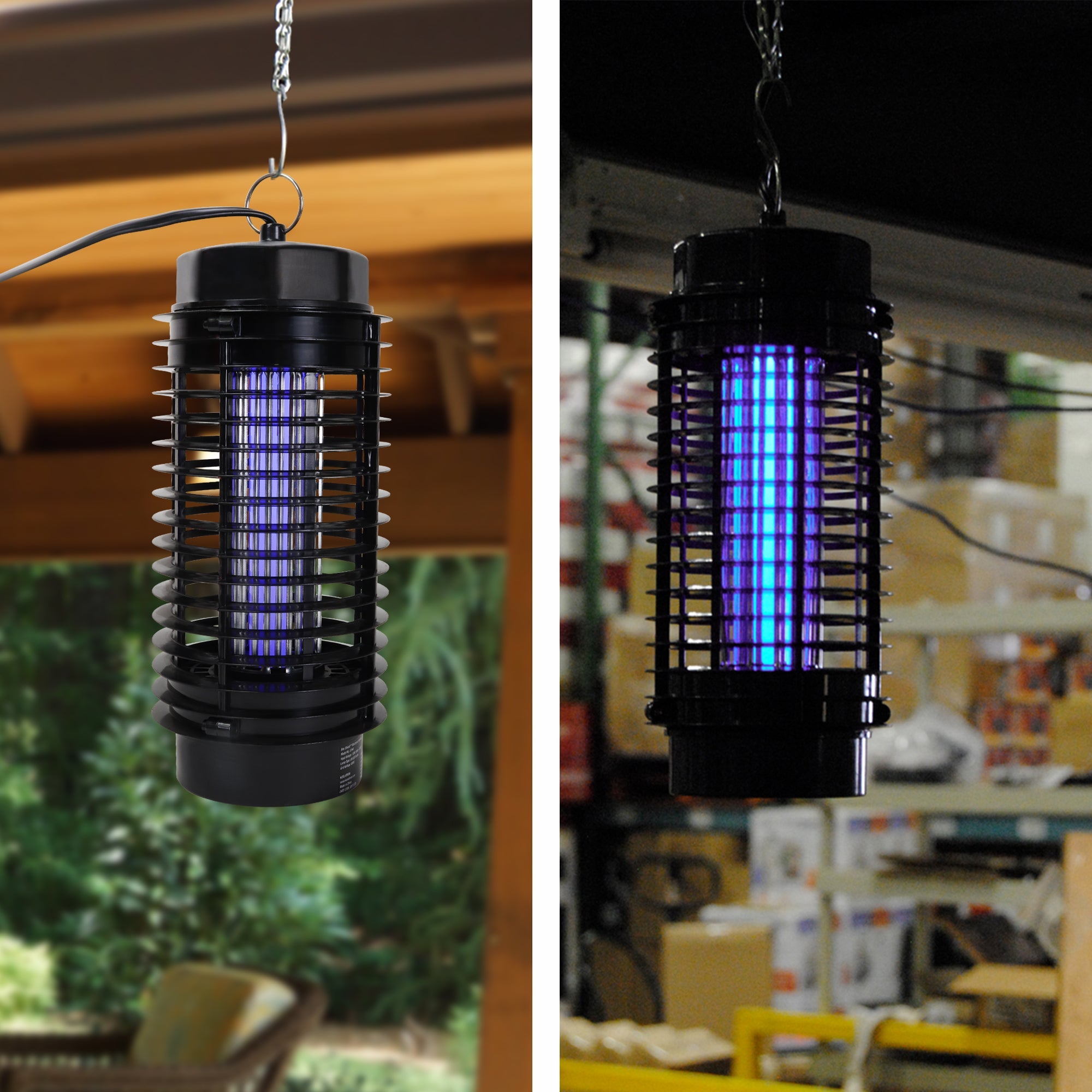 On the right is a lifestyle image of the Bite Shield electronic flying insect zapper hanging from a wooden ceiling indoors with a window and green space visible in the background. On the left is a lifestyle image of the Bite Shield electronic flying insect zapper hanging outdoors with an open garage door in the background