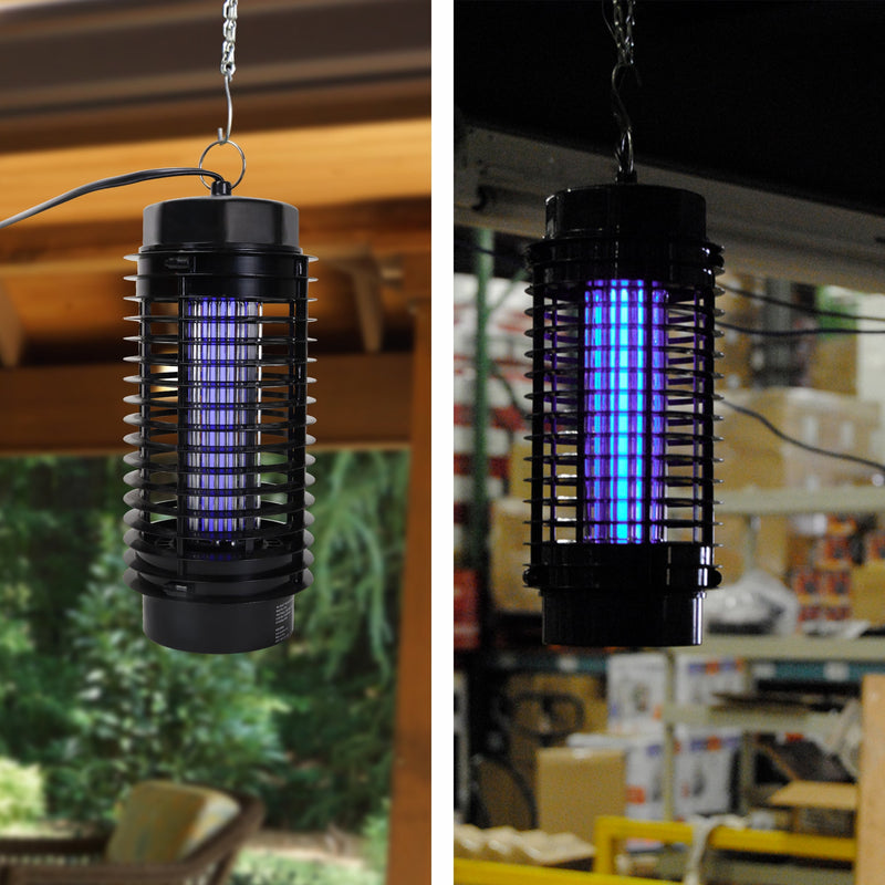 On the right is a lifestyle image of the Bite Shield electronic flying insect zapper hanging from a wooden ceiling indoors with a window and green space visible in the background. On the left is a lifestyle image of the Bite Shield electronic flying insect zapper hanging outdoors with an open garage door in the background