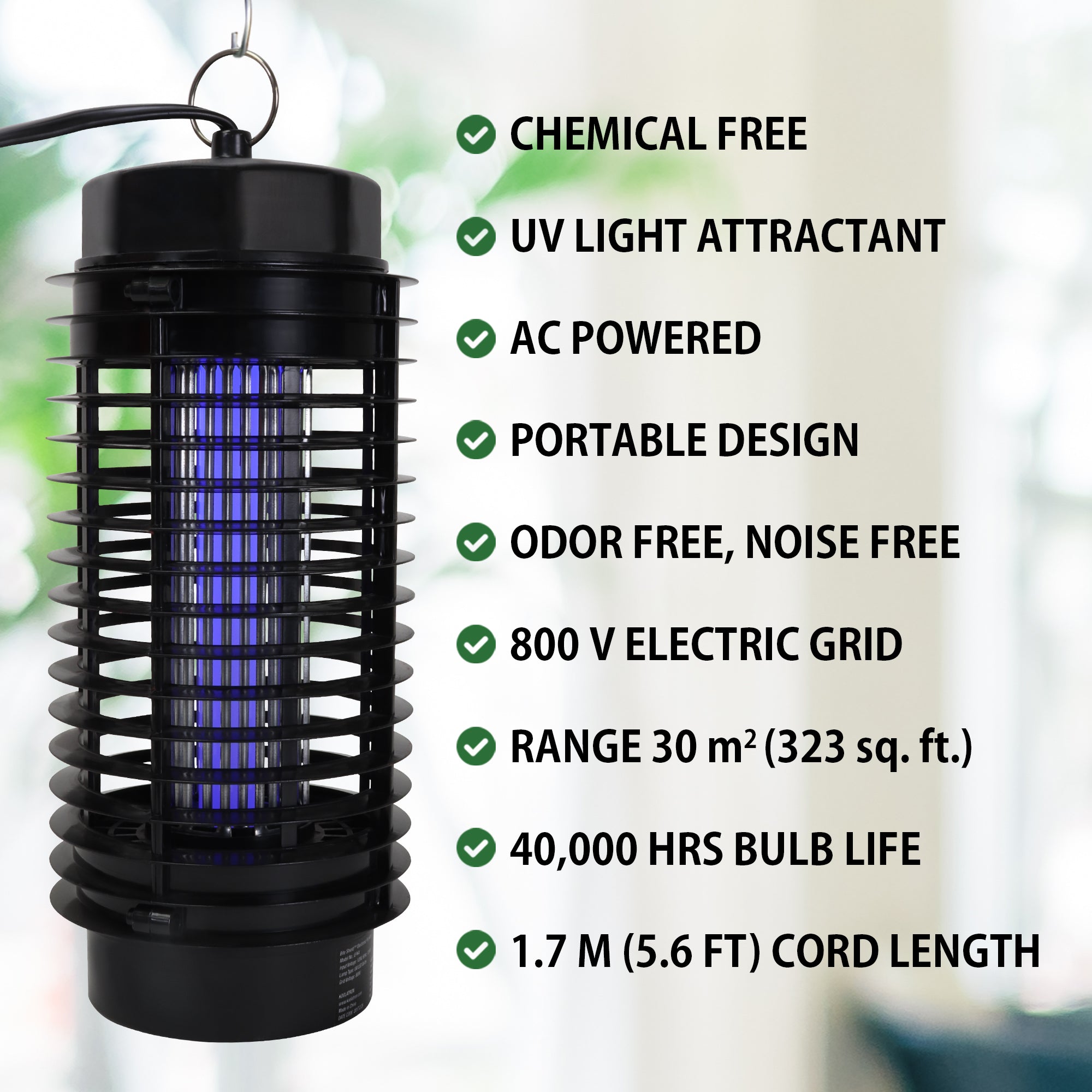 Product shot of the Bite Shield electronic flying insect zapper on a blurred white and green background with a list of bullet points to the right: Chemical free; UV light attractant; AC powered; portable design; odor free, noise free; 800V electric grid; range 30 m^2 (323 sq. ft.); 40,000 hrs bulb life; 1.7 m (5.6 ft) cord length