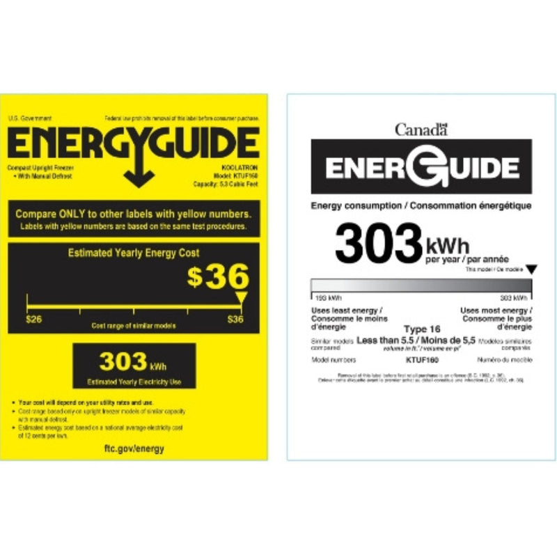 US and Canada Energy Guide certificates for KTUF160 5.3 cu ft upright freezer showing estimated yearly energy cost of $36 and estimated yearly energy consumption of 303 kWh