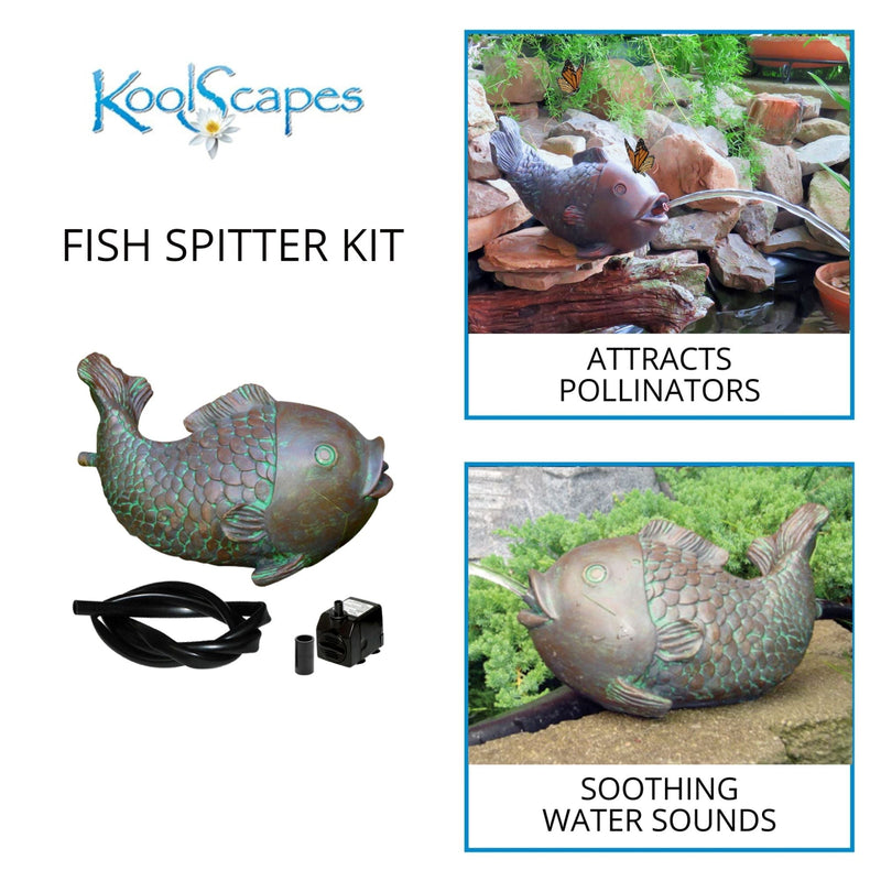 On the left is a product shot of the fish spitter with tubing and pump on a white background and text above reading, "Koolscapes fish spitter kit. On the right are two lifestyle images: Top shows the fish spitter on the side of a backyard pond with two monarch butterflies hovering around it, labeled, "Attracts pollinators." Bottom shows a closeup of the fish spitter on a flagstone with green foliage behind and water flowing from its mouth, labeled, "Soothing water sounds" 