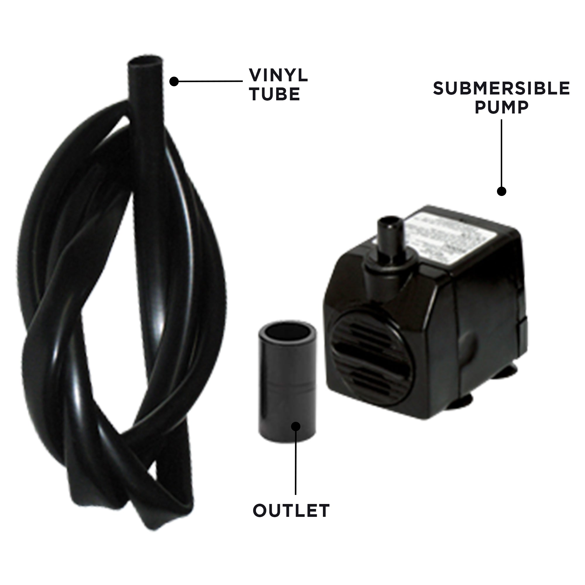 Product shots on a white background, labeled, of vinyl tube, submersible pump, and outlet adapter