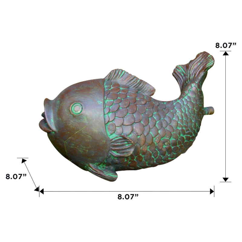 Product shot of Koolscapes brass-look fish spitter statue on a white background with dimensions labeled