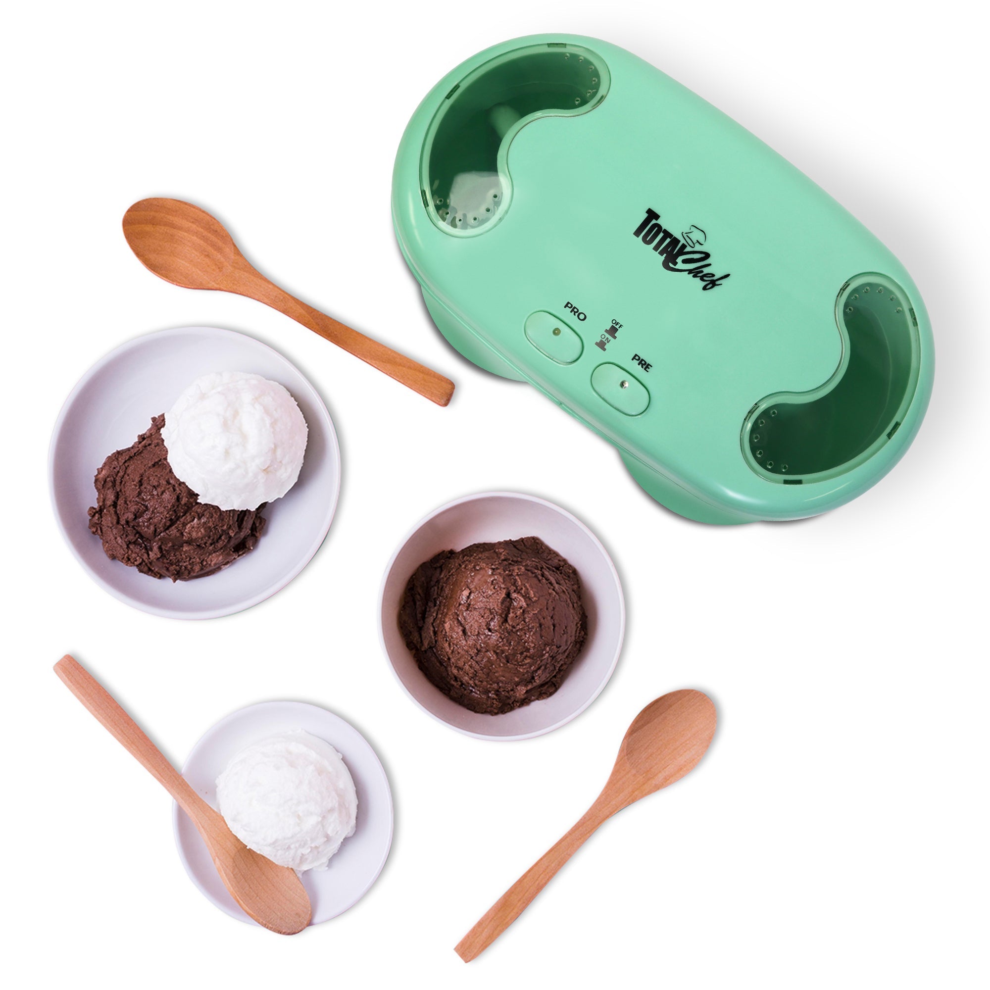 Product shot on white background of of ice cream maker, three white bowls of chocolate and vanilla ice cream, and three small wooden spoons