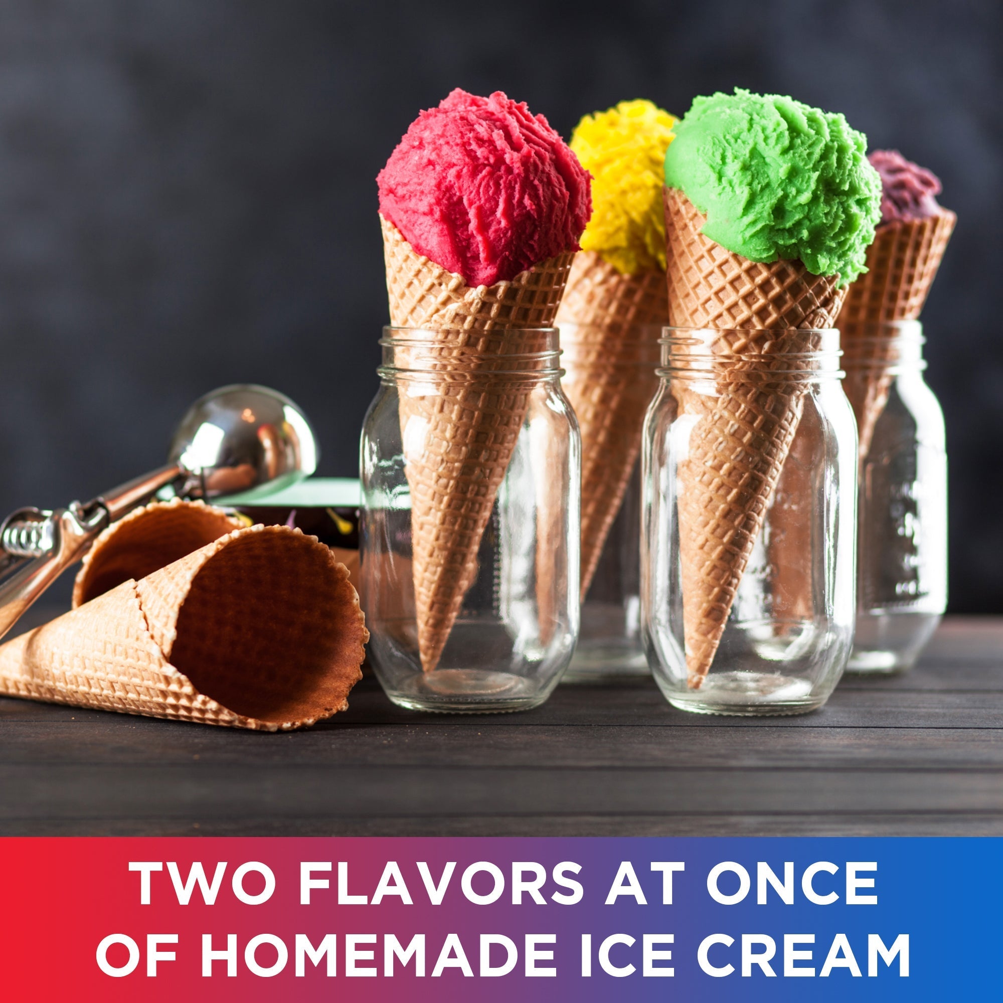 Lifestyle image of scoops of pink, yellow, and green ice cream in waffle cones standing in clear mason jars on a dark gray table. Text below reads, "Two flavors at once of homemade ice cream"