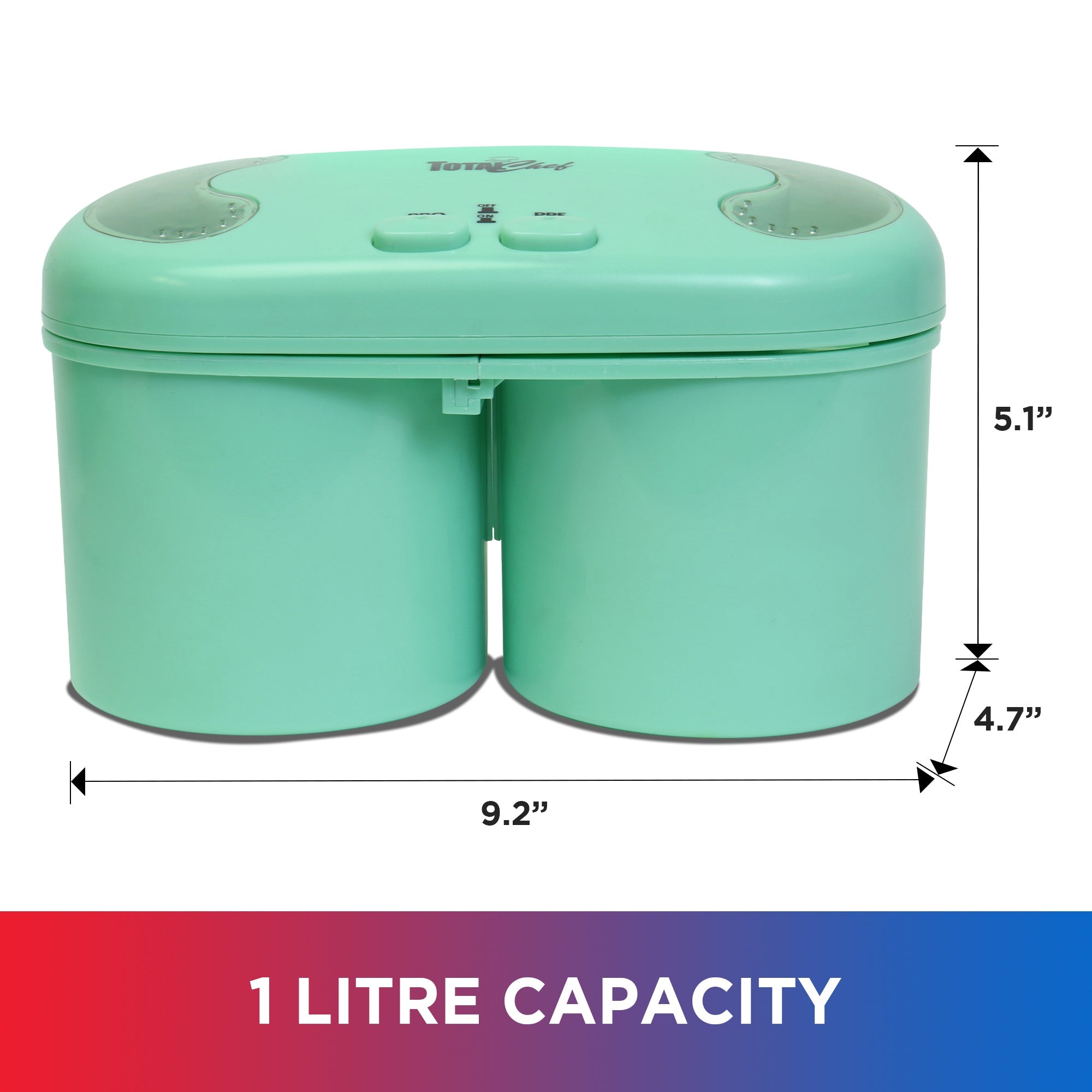 Product shot of ice cream maker on white background with dimensions. Text below reads, "1 litre capacity"