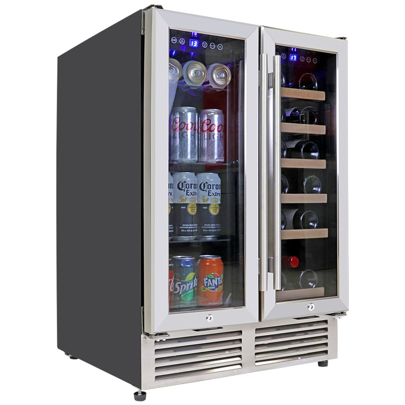 Product shot on white background of beverage cooler, closed with bottles of wine and cans of beer and soda inside