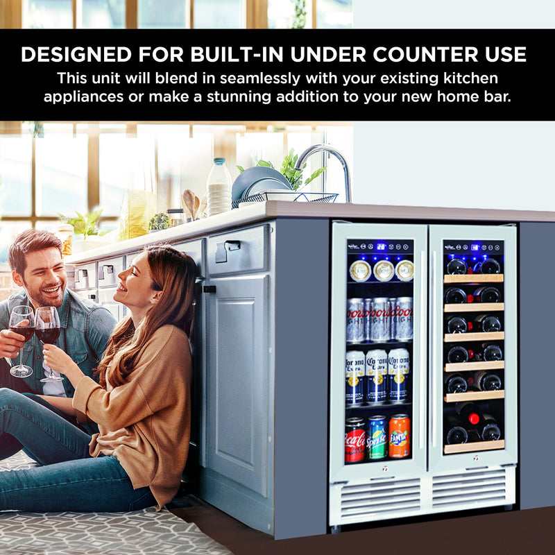Lifestyle image of beverage fridge installed in a dark gray kitchen island with a light-colored wooden countertop. There are two people sitting on the floor smiling and holding glasses of red wine and windows in the background. Text overlay reads, "Designed for built-in under counter use: This unit will blend in seamlessly with your existing kitchen appliances or make a stunning addition to your new home bar"