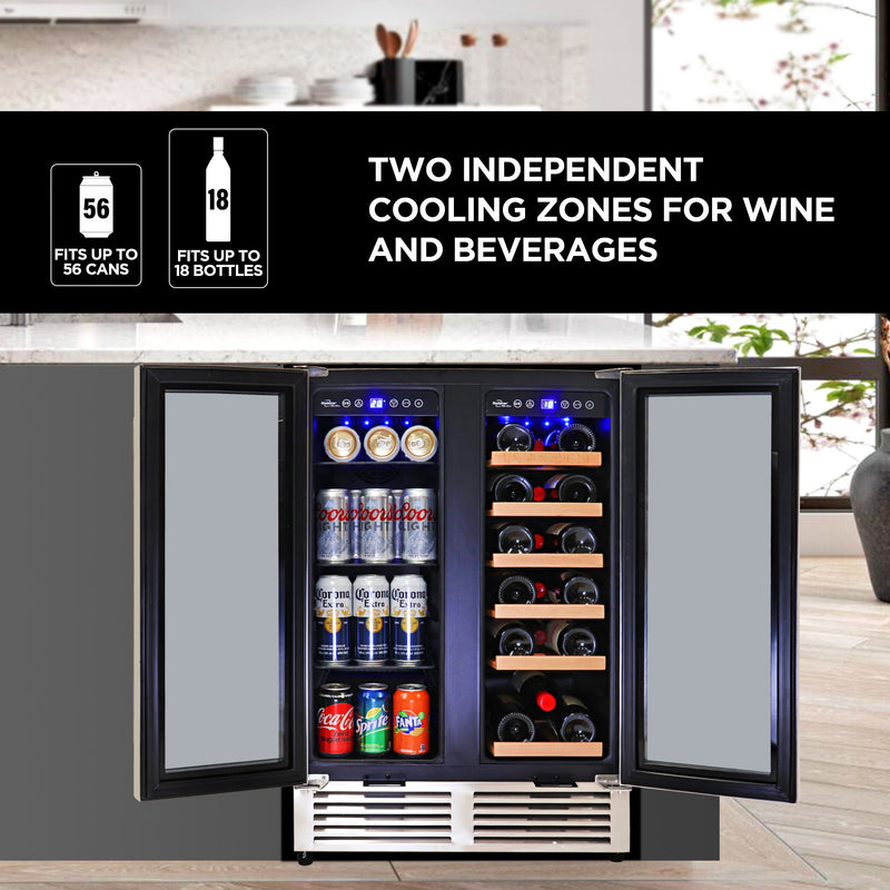 Lifestyle image of beverage fridge, open and filled with cans of beer and soda and bottles of wine, installed in a dark gray kitchen island with a white marble countertop. Text overlay reads, "Fits up to 56 cans; fits up to 18 bottles; two independent cooling zones for wine and beverages"