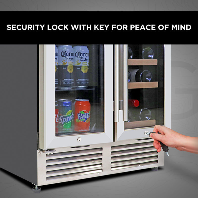 Closeup image of the bottom half of the beverage fridge on a gray background with a person's hand using a key to unlock the door to the right-hand chamber. Text overlay reads, "Security lock with key for peace of mind"