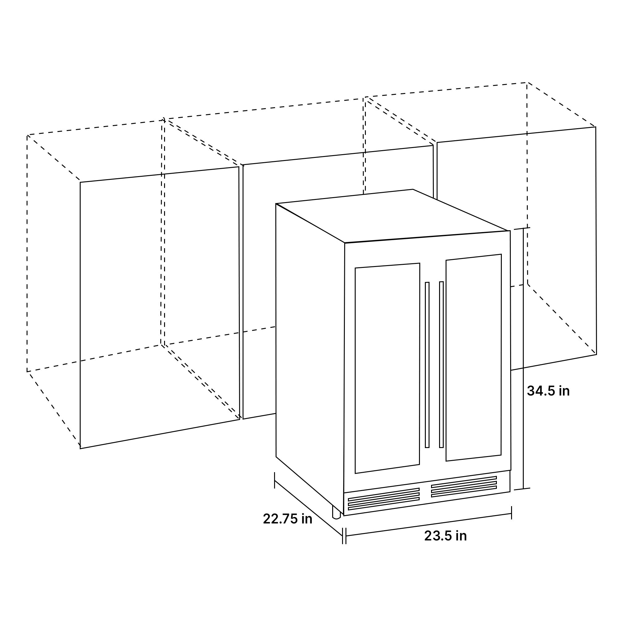 Black and white diagram shows installation of beverage fridge in a lower kitchen cabinet with dimensions of fridge labeled