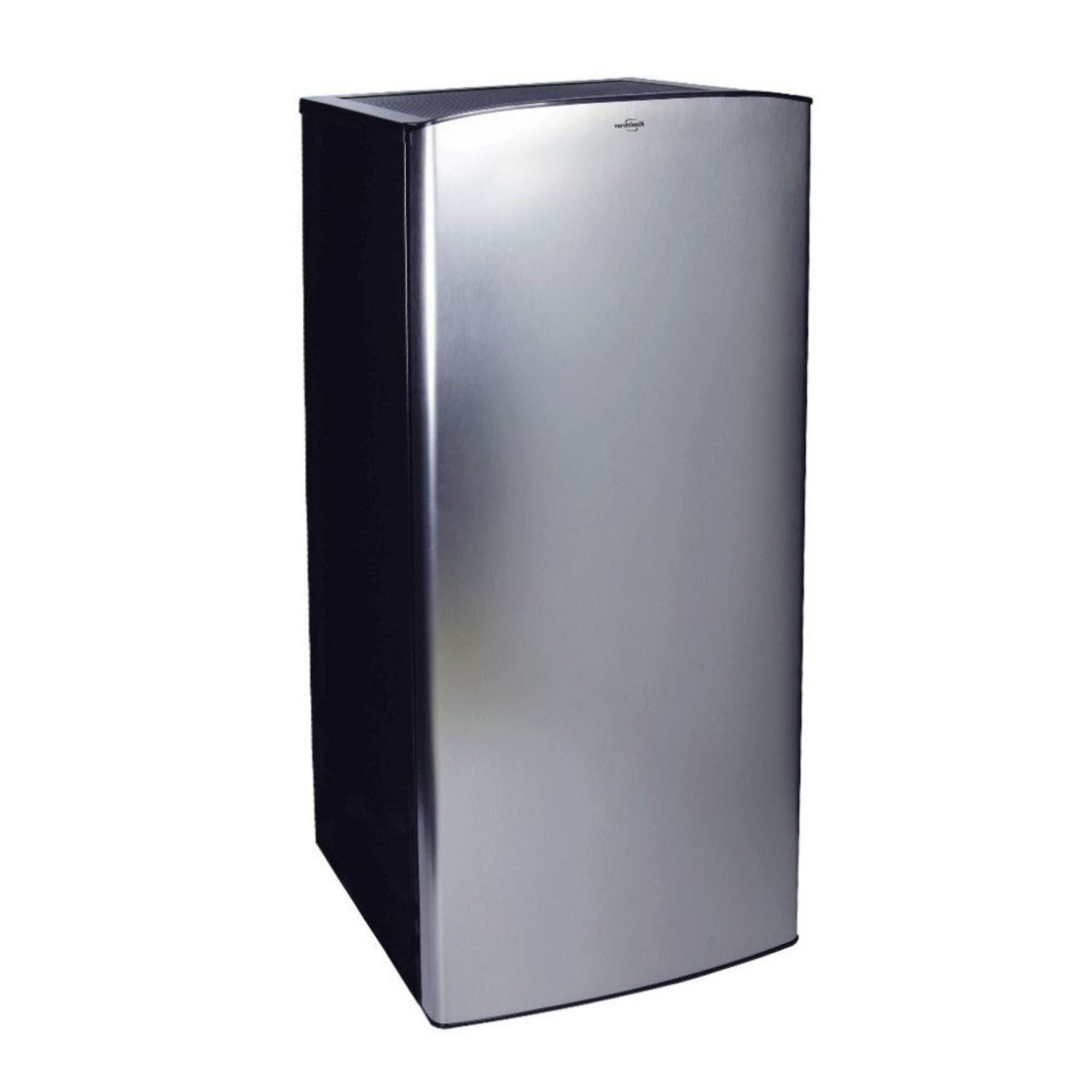 Product shot of black and stainless steel compact fridge with freezer on a white background
