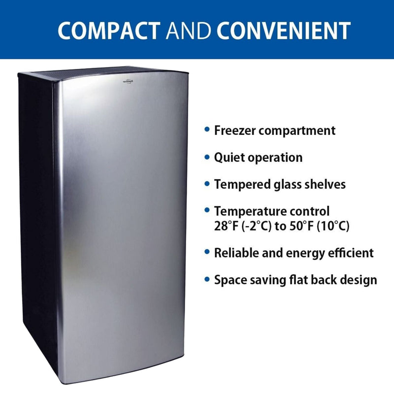Product shot of closed compact fridge with freezer on a white background. Text above reads, "Compact and convenient," and a list of bullet points to the right reads: Freezer compartment; Quiet operation; Tempered glass shelves; Temperature control 28F (-2C) to 50F (10C); Reliable and energy-efficient; Space-saving flat back design