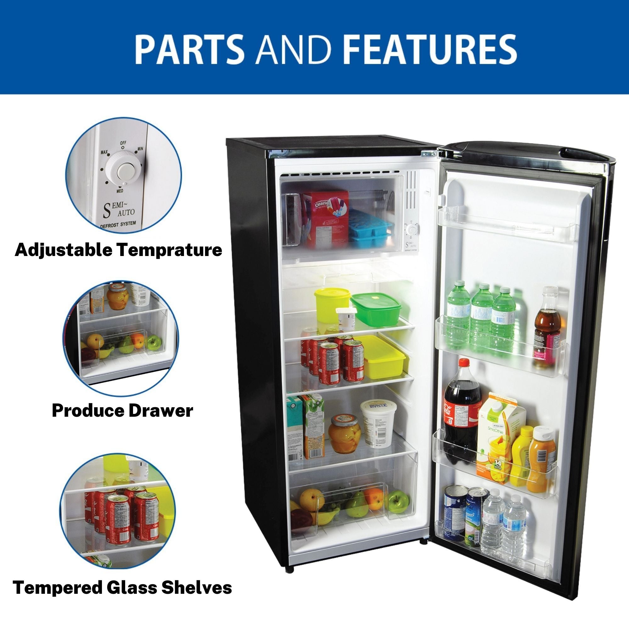 Product shot of compact fridge, open and filled with food, with inset closeup images of parts to the left, labeled: Adjustable temperature; Produce drawer; Tempered glass shelves. Text above reads, "Parts and features"