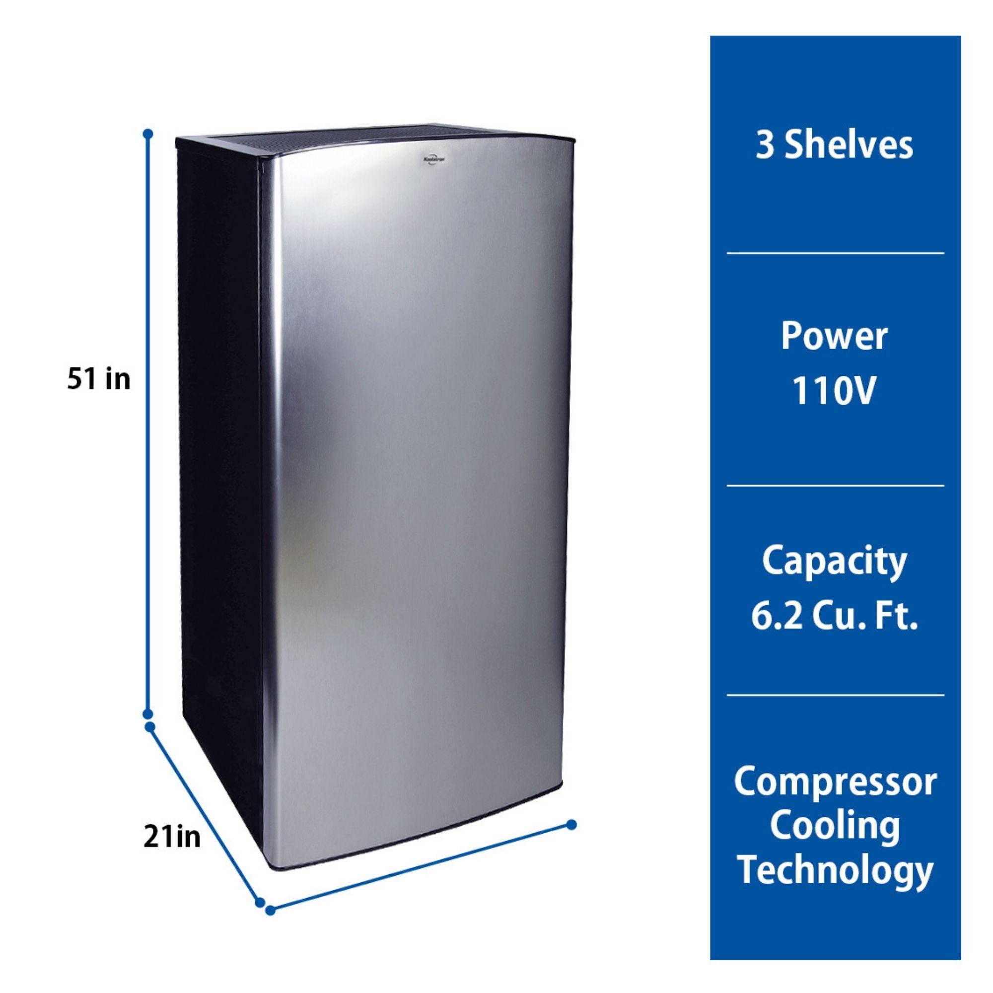 Product shot of black and stainless steel compact fridge with freezer on a white background with dimensions labeled. Text to the right reads, "3 shelves; Power 110V; Capacity 6.2 cu ft; Compressor cooling technology"