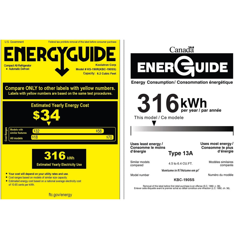 US and Canada Energy Guide certificates for KBC190SS 6.2 cu ft compact fridge with freezer showing estimated yearly energy cost of $34 and estimated yearly energy consumption of 316 kWh