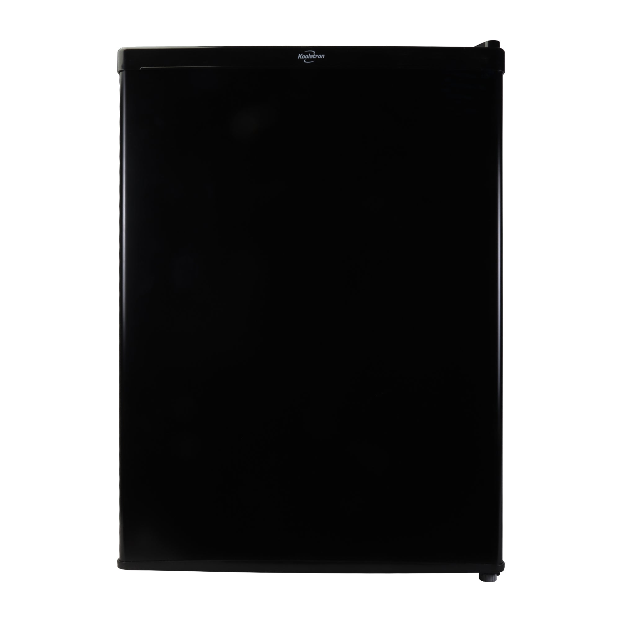 Product shot of black compact fridge with freezer on a white background