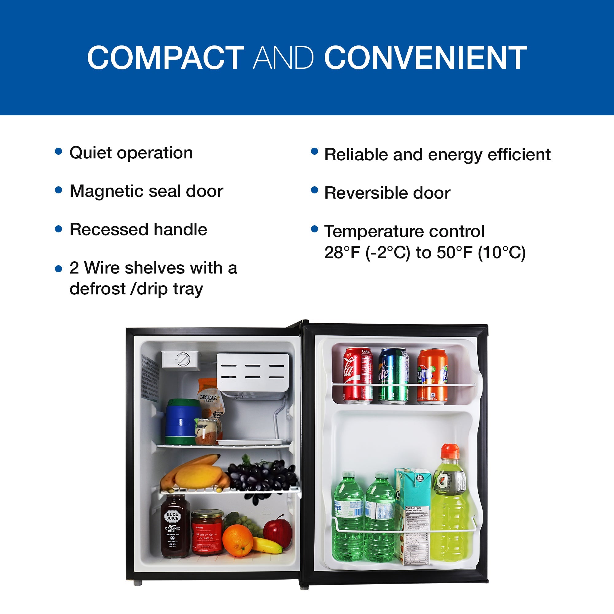 Product shot of compact fridge with freezer open and filled with food items. Text above reads, "Compact and convenient," followed by a list of bullet points: Quiet operation; magnetic seal door; recessed handle; 2 wire shelves with a defrost/drip tray; reliable and energy efficient; reversible door; Temperature control 28F (-2C) to 50F (10C)