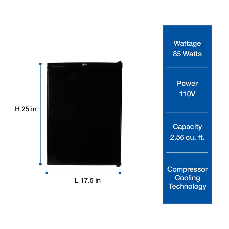 Product shot of black compact fridge with freezer on a white background with dimensions labeled. Text to the right reads, "Wattage 85 Watts; Power 110V; Capacity 2.56 cu ft; Compressor cooling technology"