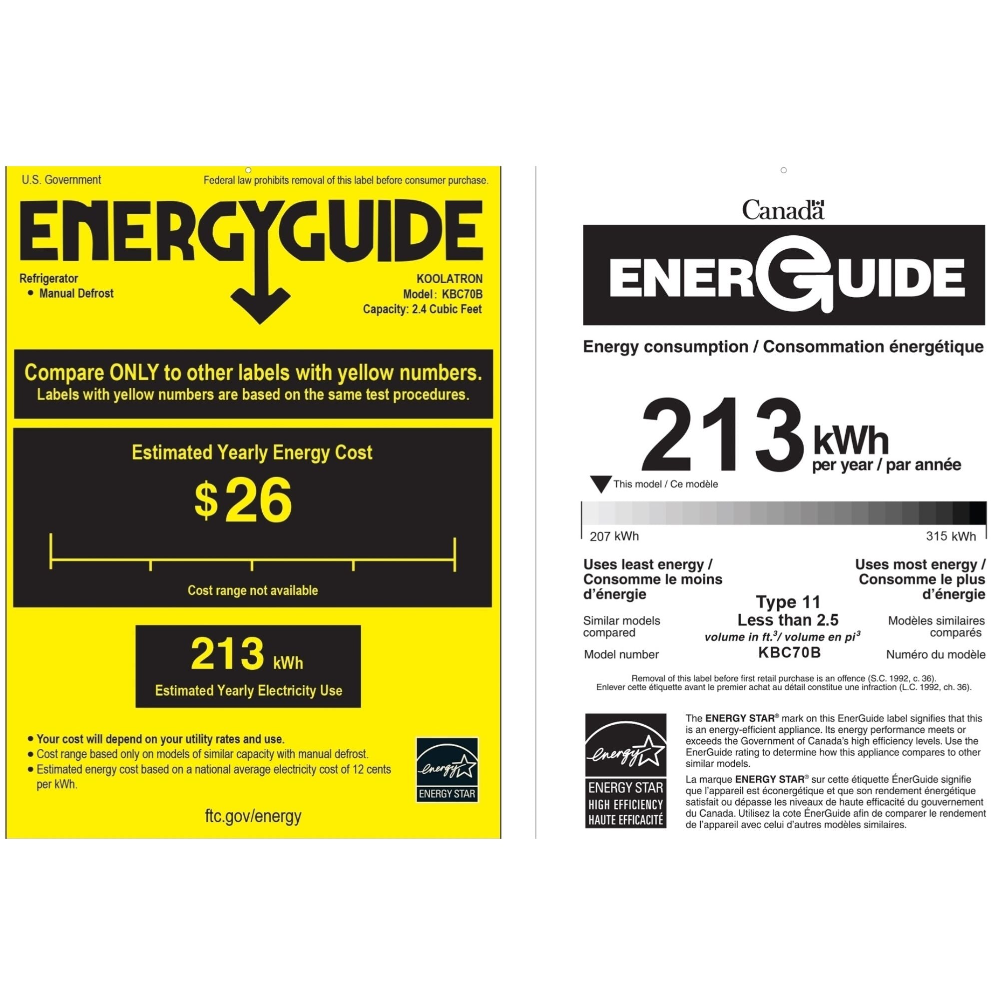 US and Canada Energy Guide certificates for KBC70 2.56 cu ft compact fridge with freezer showing estimated yearly energy cost of $26 and estimated yearly energy consumption of 213 kWh