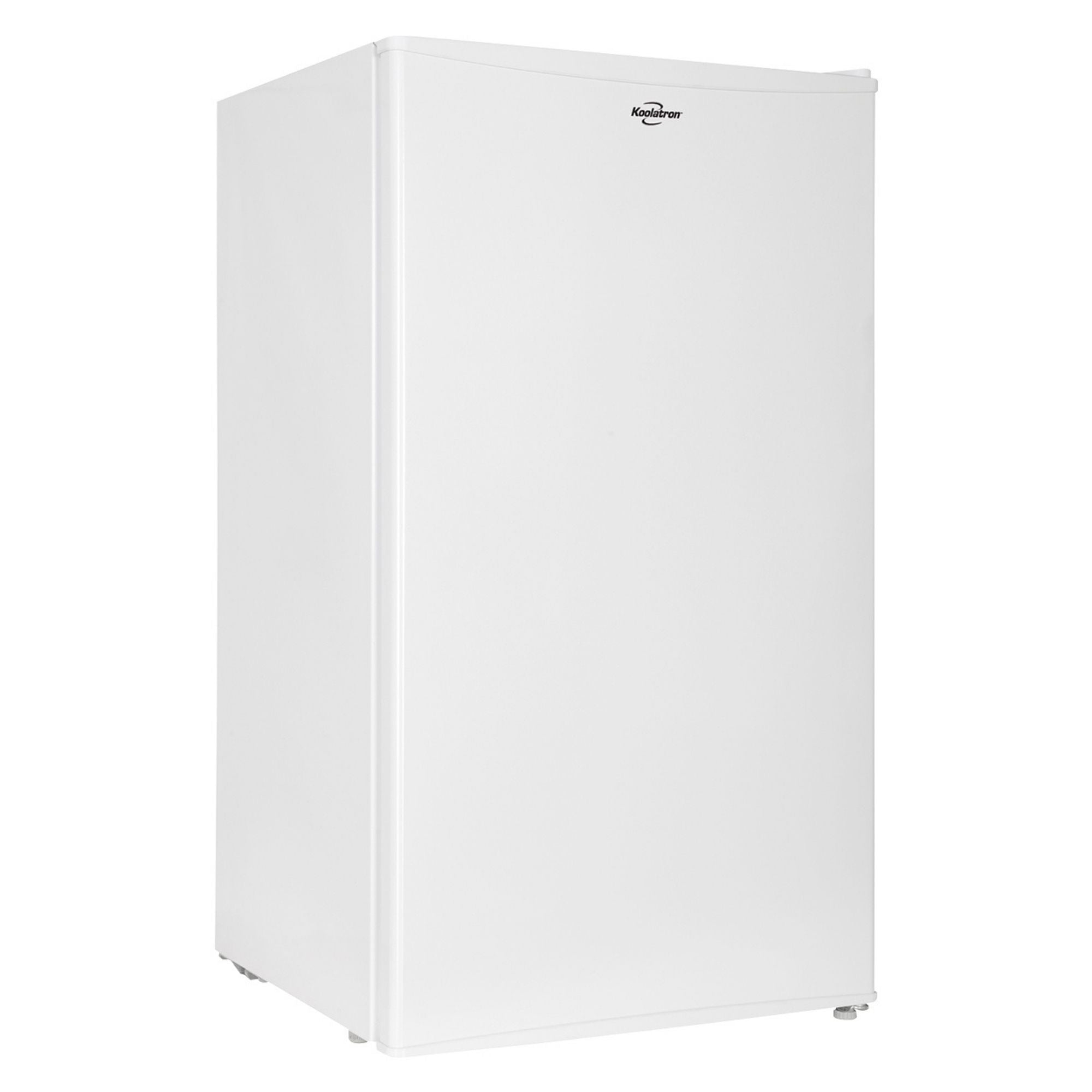 Product shot of white compact fridge with freezer on a white background