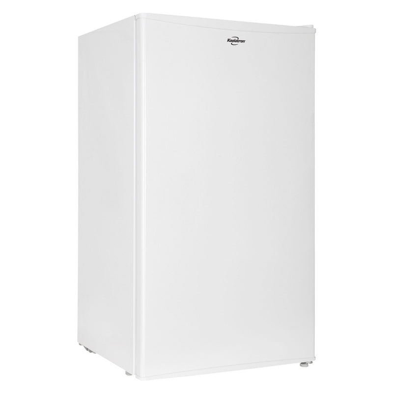 Product shot of white compact fridge with freezer on a white background