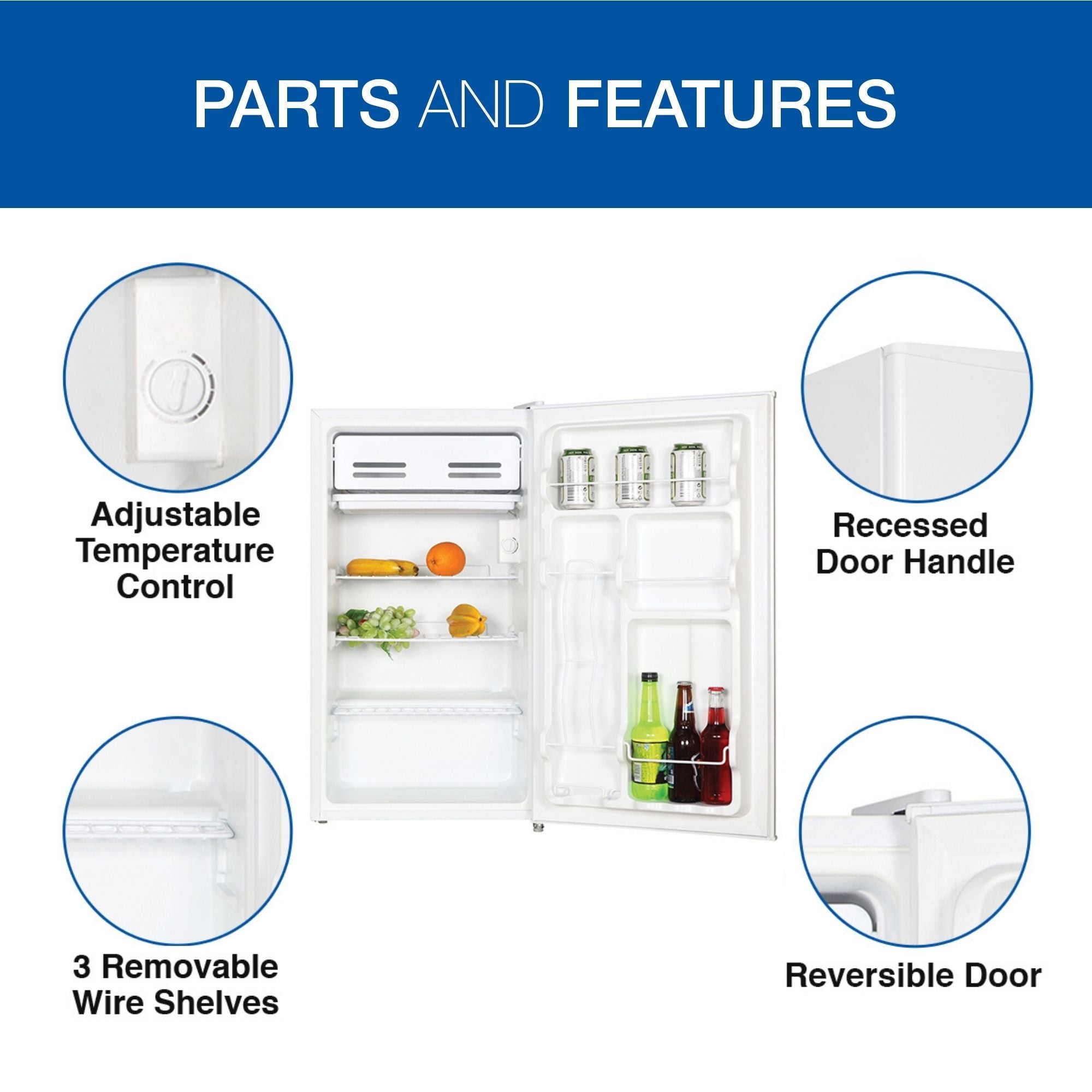 Product shot of open compact fridge surrounded by inset closeup images of parts, labeled: Adjustable temperature control; recessed door handle; reversible door; 3 removable wire shelves. Text above reads, "Parts and features"