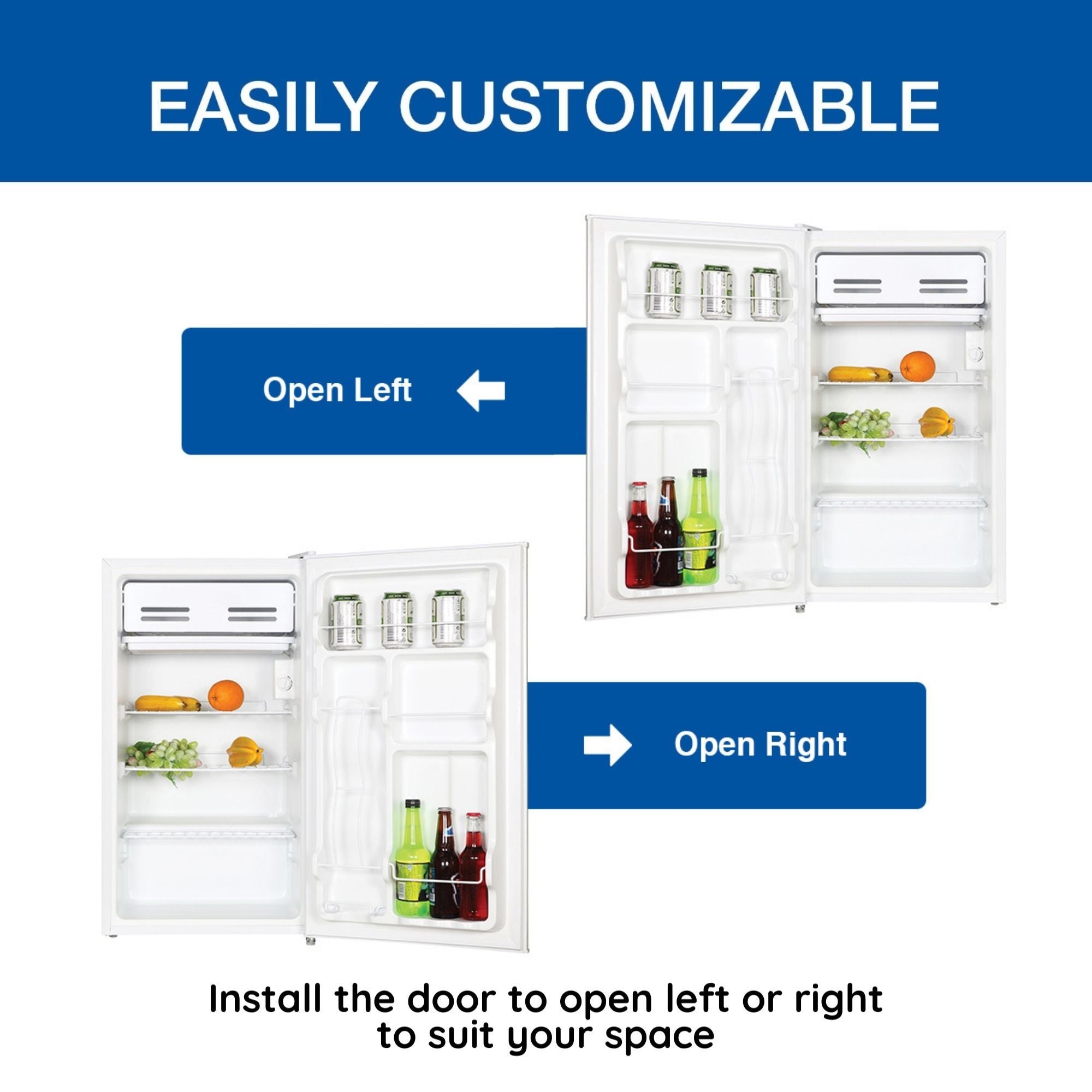 Two product shots showing compact fridge, open with food and beverages inside, with door installed to open left or right. Text above reads, "Easily customizable," and text below reads, "Install the door to open left or right to suit your space"