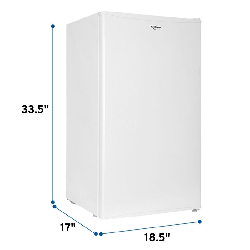 Product shot of white compact fridge with freezer on a white background with dimensions labeled
