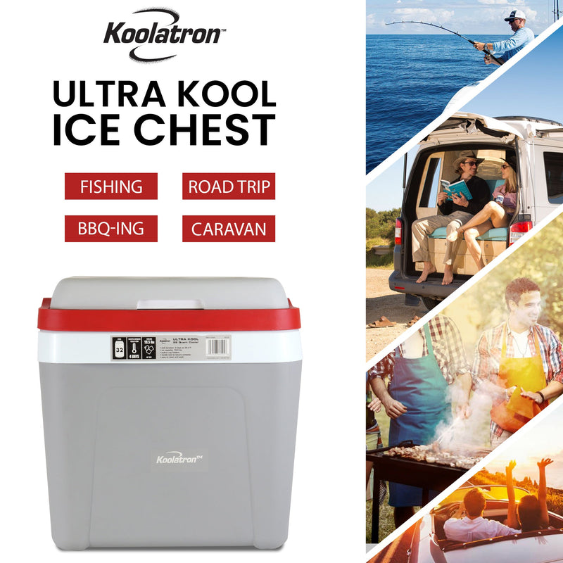 On the left is a product shot of the 26 quart ice chest with text above reading, "Koolatron Ultra Kool Ice chest: Fishing, road trip, BBQing, Caravan." On the right are four lifestyle images showing settings where the cooler could be used: Fishing from a boat; sitting in a caravan on a road trip; at an outdoor BBQ; and driving in a convertible