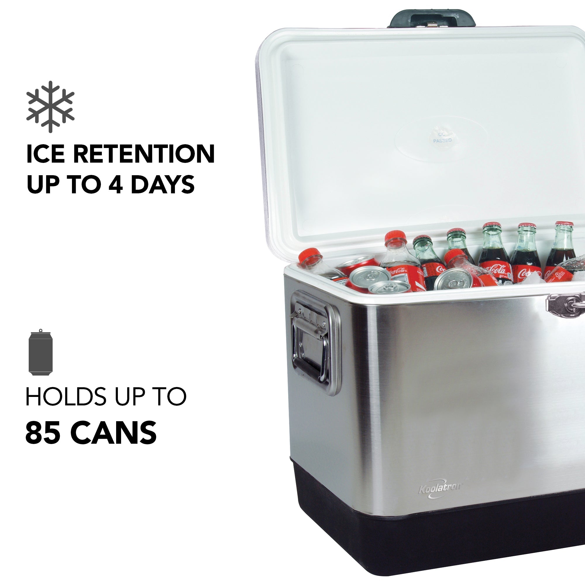 Product shot of Koolatron stainless steel 51 L ice chest, open with ice and cans of soda inside, on a white background. Text and icons to the left describe: Ice retention up to 4 days; holds up to 85 cans