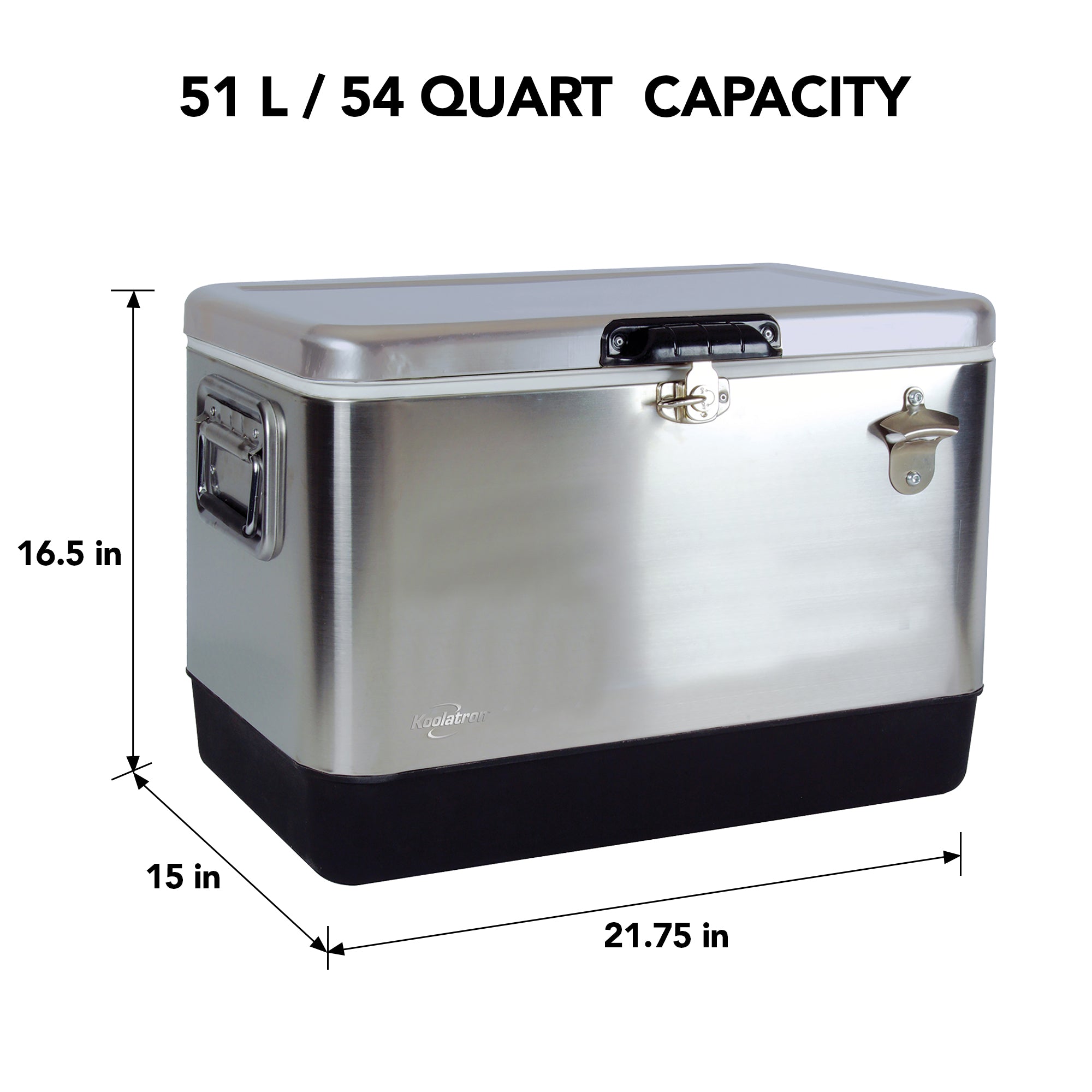 Product shot of Koolatron stainless steel 51 liter ice chest with bottle opener, closed, on a white background, with dimensions labeled. Text above reads, "51L/54 quart capacity"