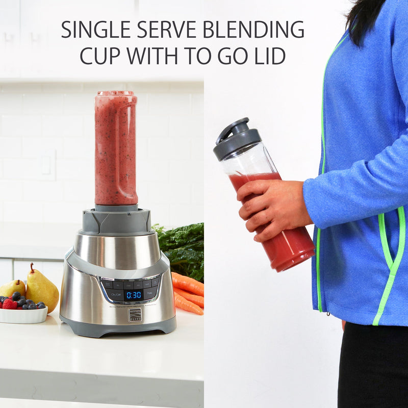 Lifestyle image of single-serve travel cup filled with a pink-orange smoothie on blender on the left and lifestyle image of a person wearing a blue jacket and black pants holding the to-go cup with lid on the right. Text above reads "Single-serve blending cup with to-go lid"