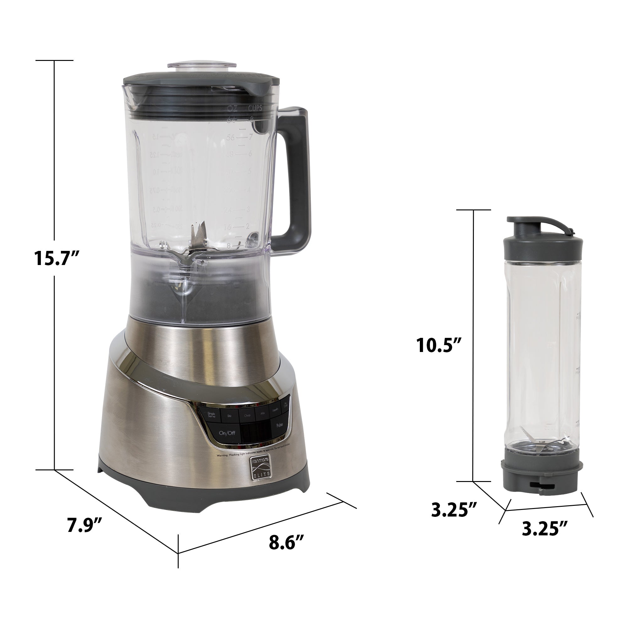 Product shot of Elite 1.3 HP blender and travel blending cup on white background with dimensions