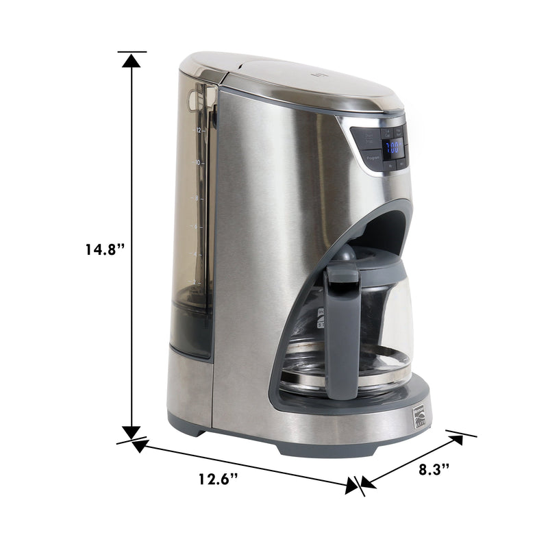 Product shot of Kenmore Elite 12 cup programmable coffeemaker on a white background with dimensions labeled