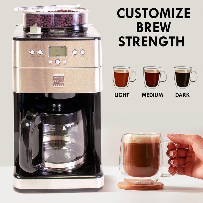 Enhanced image shows the Kenmore grind and brew coffee maker and a hand holding a clear glass mug of coffee. Above the mug are three drawings of clear mugs holding coffee of various strengths, labeled light, medium, and dark. Text above the drawings reads, "Customize brew strength"