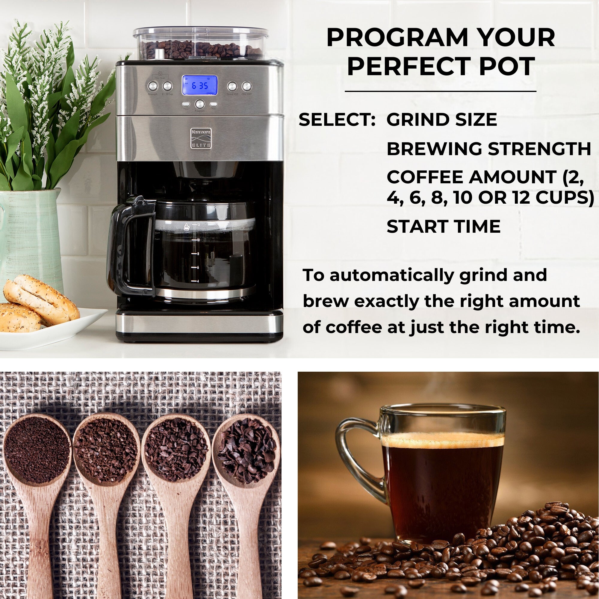 Product shot of Kenmore grind and brew coffee maker with whole coffee beans in the hopper and the coffee filter compartment open on a white background. A person's hand is visible pouring ground coffee from a measuring scoop into the reusable filter. Text above reads, "Brew whole beans or pre-ground coffee"