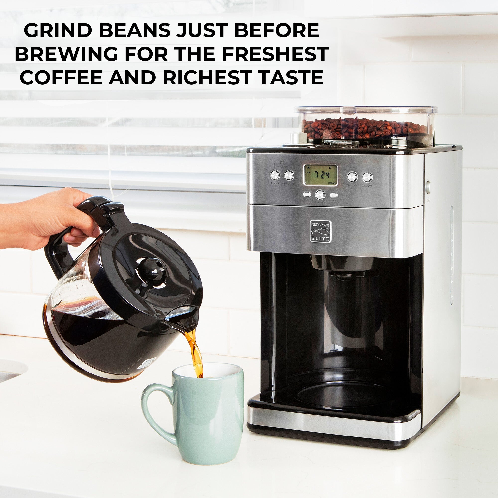 Lifestyle image of Kenmore grind and brew coffee maker on a white counter in front of a white tile backsplash on the right with features listed to the left: Conical burr grinder; built-in water filter; customized flavor strength; grind control; fully automatic operation; auto shut off