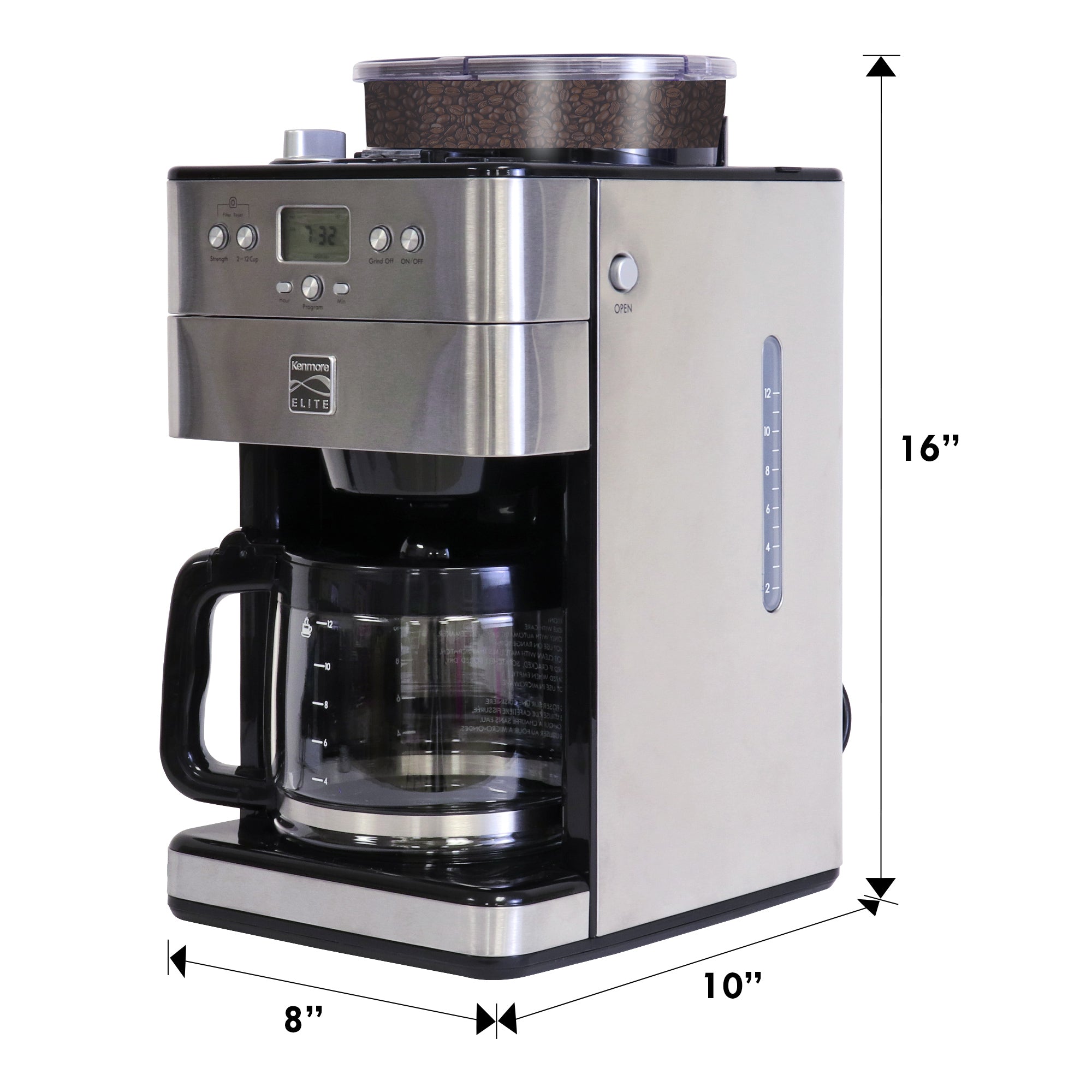 Product shot of Kenmore grind and brew coffee maker on a white background with dimensions labeled