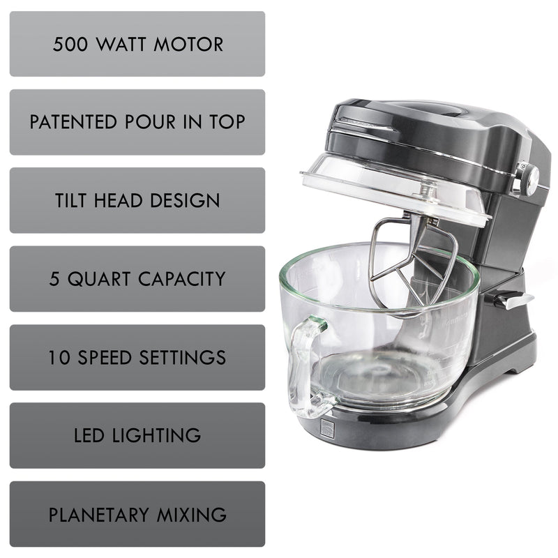 On the right is a product shot of gray mixer with tilt-head up and on the left is a list of features on grey backgrounds: 500 watt motor; patented pour-in top; tilt-head design; 5 quart capacity; 10 speed settings; LED lighting; planetary mixing