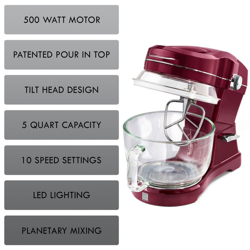 On the right is a product shot of red mixer with tilt-head up and on the left is a list of features on grey backgrounds: 500 watt motor; patented pour-in top; tilt-head design; 5 quart capacity; 10 speed settings; LED lighting; planetary mixing