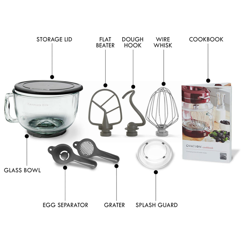 Product shots on white background of accessories, labeled from top left: Storage lid; flat beater; dough hook; wire whisk; cookbook; glass bowl; egg separator; grater; splash guard