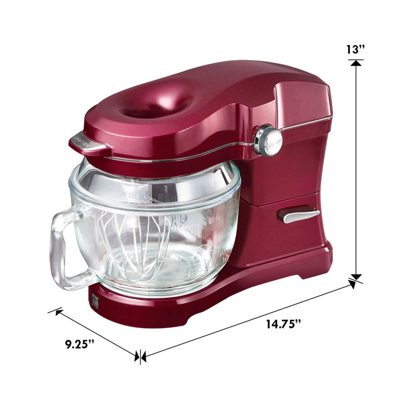 Product shot of red stand mixer on white background with dimensions