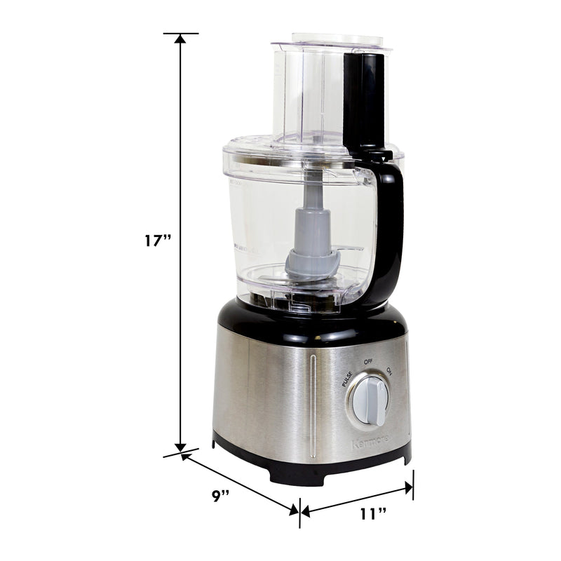 Product shot of Kenmore 11 cup food processor and vegetable chopper on a white background with dimensions labeled