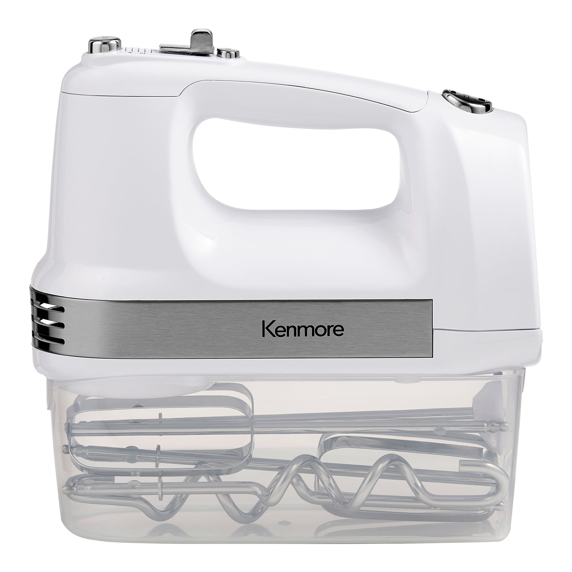 Product shot of white hand mixer with storage base attached and accessories inside