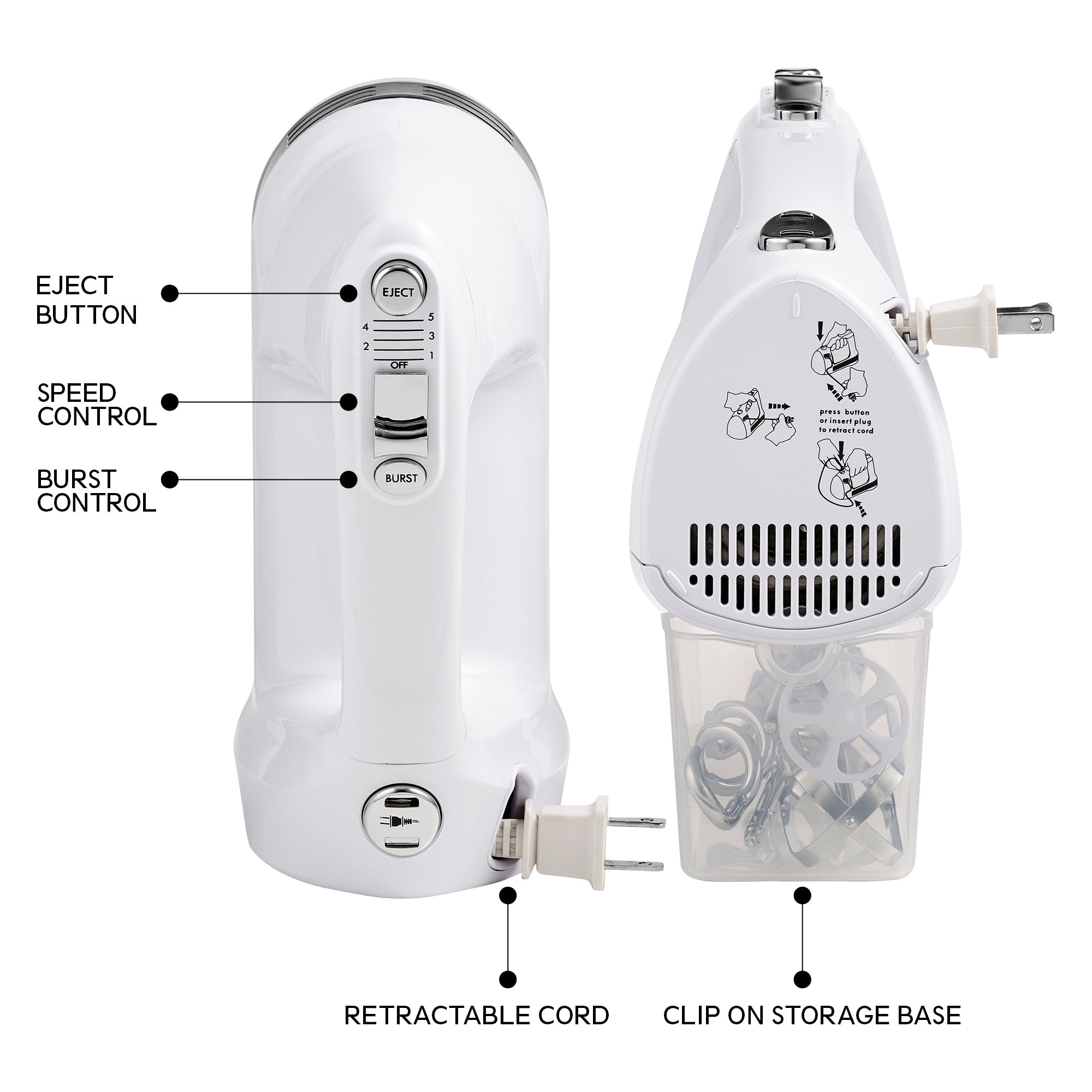 Top and side views of the Kenmore 250 watt 5-speed kitchen mixer with parts and controls labeled: Eject button; speed control; burst control; retractable cord; and clip on storage base