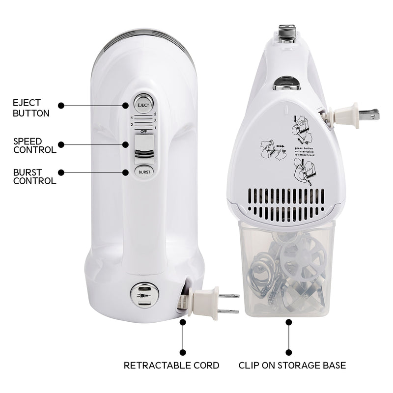 Product shot on the left shows top view of white hand mixer with controls labeled (Eject button, speed control, burst control) and retractable cord. Product shot on the right shows rear view of mixer with accessories visible inside attached storage base, labeled "Clip on storage base"