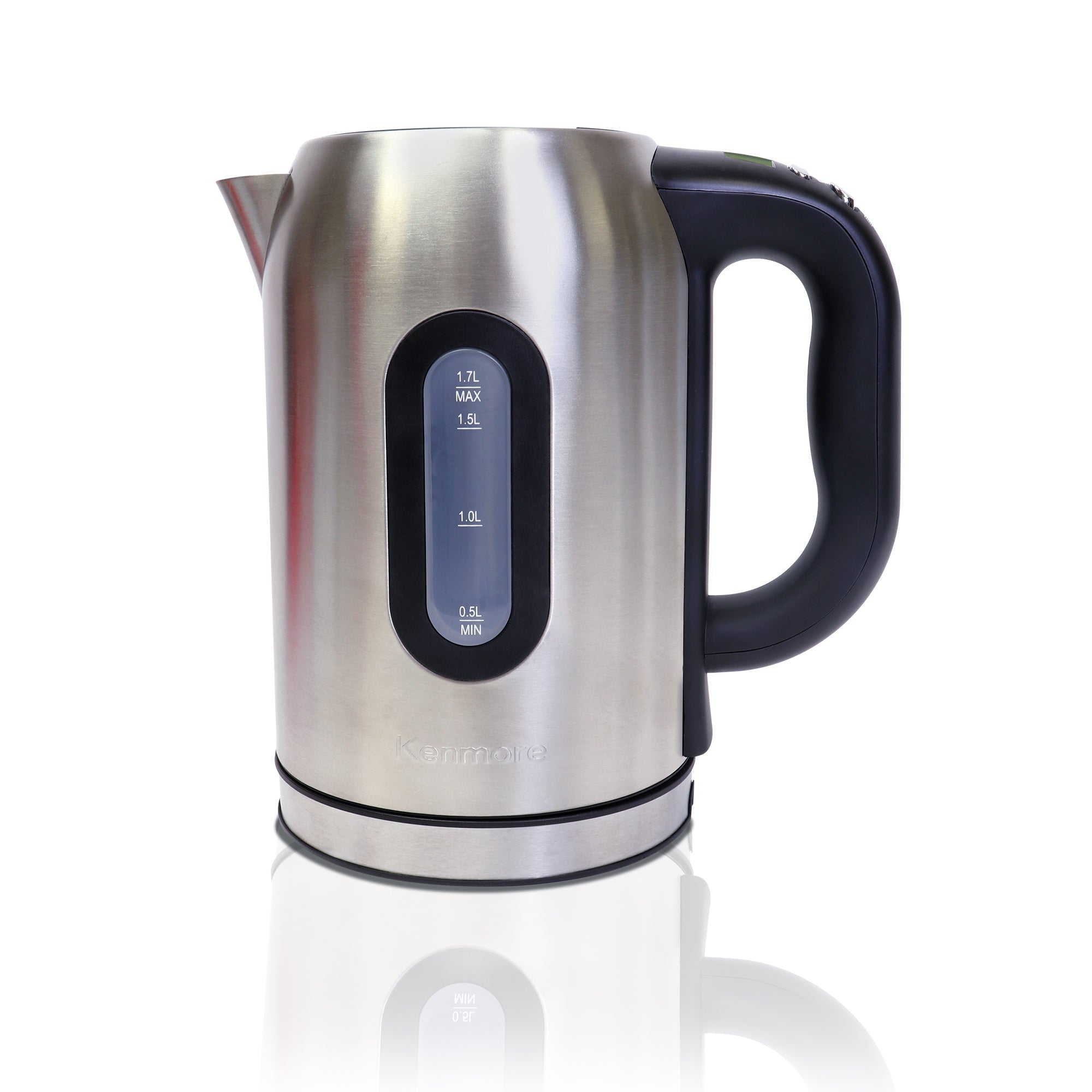 Product shot of Kenmore cordless programmable electric kettle on a white background