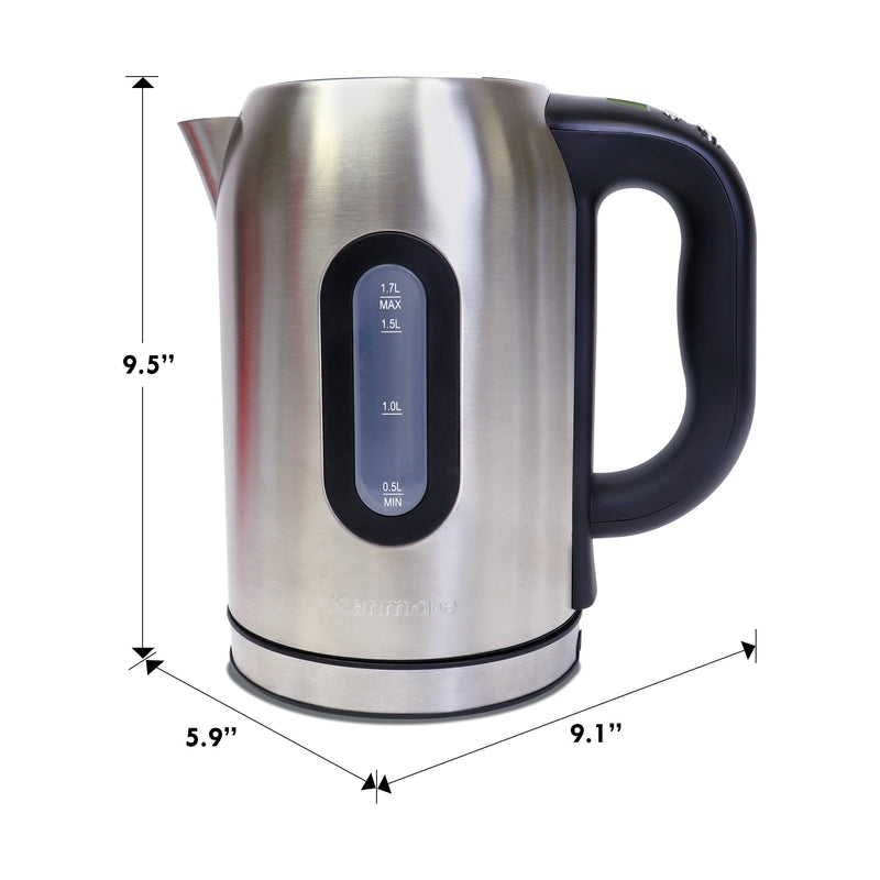 Product shot of Kenmore stainless steel digital electric kettle on a white background with dimensions labeled